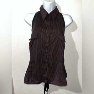 VTG Tripp NYC Button Down Corset Halter Top Pinstripe Lace Backless Sz XL Y2K